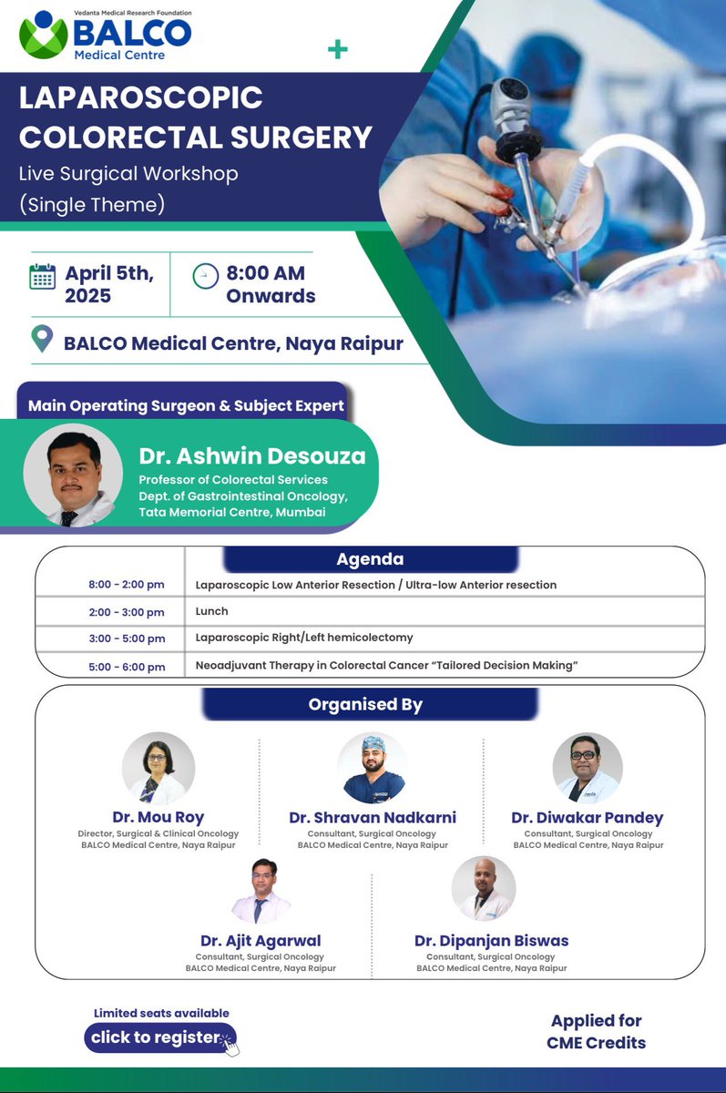 Shravan Sharad Nadkarni (@oncoshravan) on Twitter photo <a href="/BalcoMedical/">BALCO Medical Centre</a> Centre, New Raipur is organizing a live surgical workshop on Laparoscopic colorectal surgery on the 5th of April 2025.
And who better than Prof Ashwin Desouza to demonstrate Laparoscopic Rectal and Colon Cancer surgeries!
Reg link - t.ly/pNcDw <a href="/BalcoMedical/">BALCO Medical Centre</a> Centre, New Raipur is organizing a live surgical workshop on Laparoscopic colorectal surgery on the 5th of April 2025.
And who better than Prof Ashwin Desouza to demonstrate Laparoscopic Rectal and Colon Cancer surgeries!
Reg link - t.ly/pNcDw