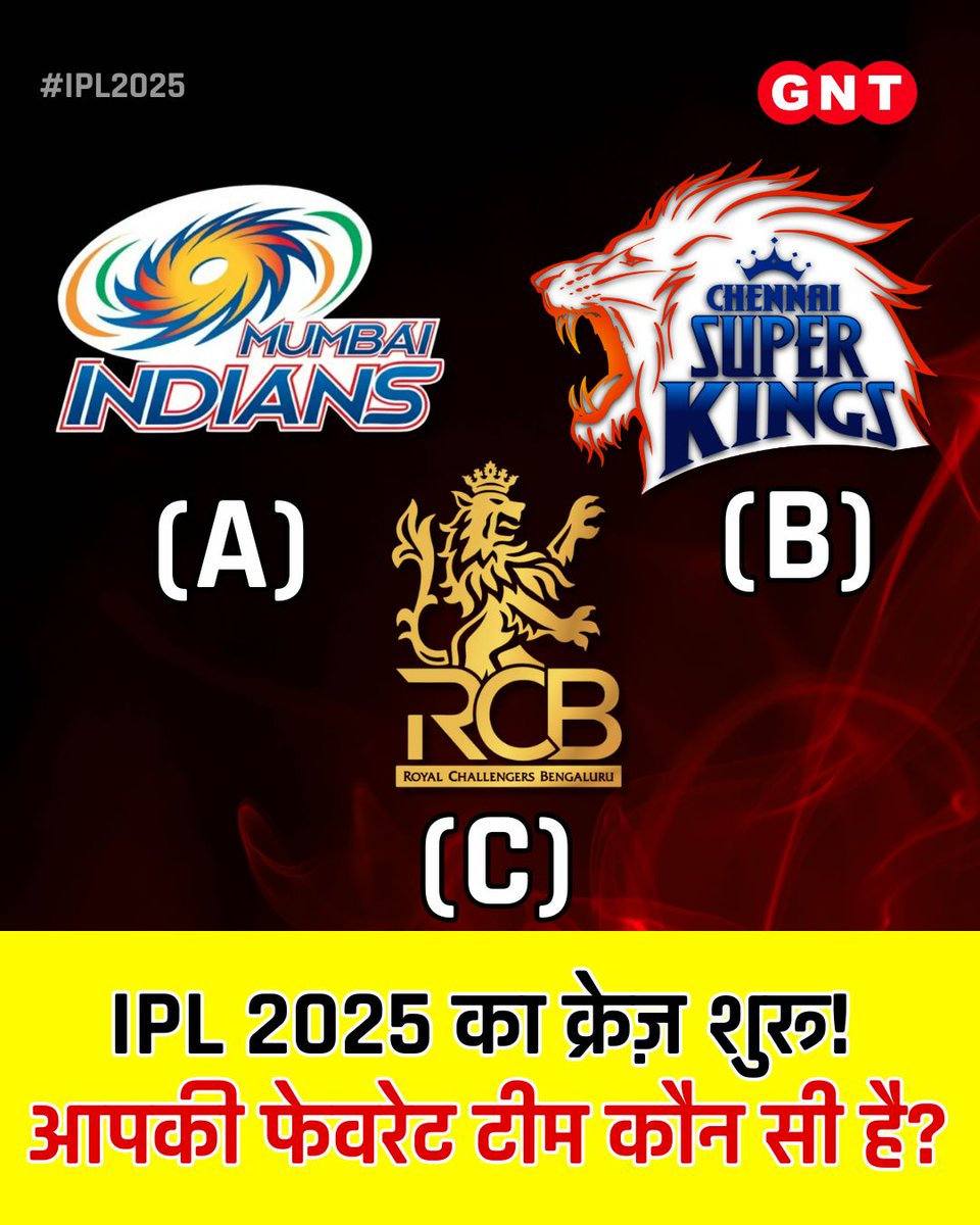 GoodNewsToday's tweet photo. कुछ ही दिनों में IPL 2025 बस शुरू होने वाला है...तो बताइए, इनमें से कौन सी टीम है आपकी फेवरेट?
#GNT4You #IPL2025 #CricketFever #FavouriteTeam #IPL #CricketLovers #Question #Sports #RCB #CSK #MumbaiIndians https://t.co/F3kSZs8TVY