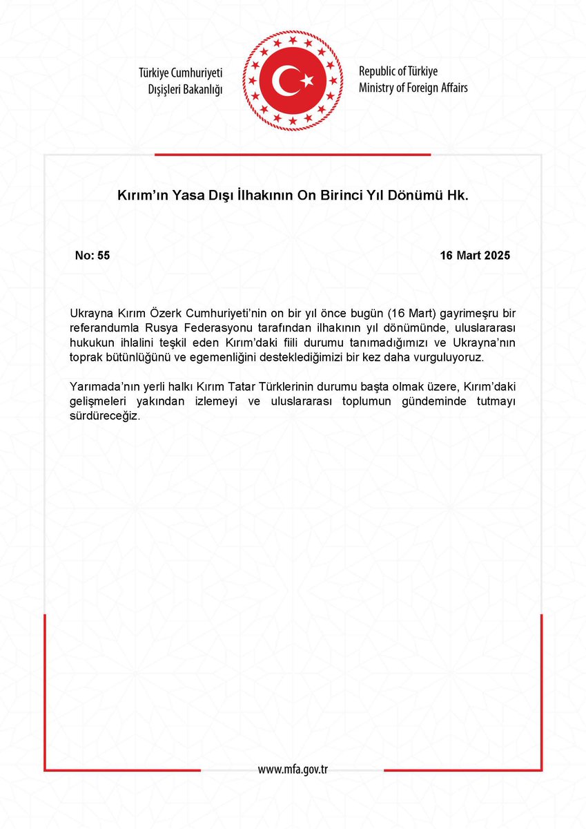 Kırım’ın Yasa Dışı İlhakının On Birinci Yıl Dönümü Hk. mfa.gov.tr/no_-55_-kirim-…