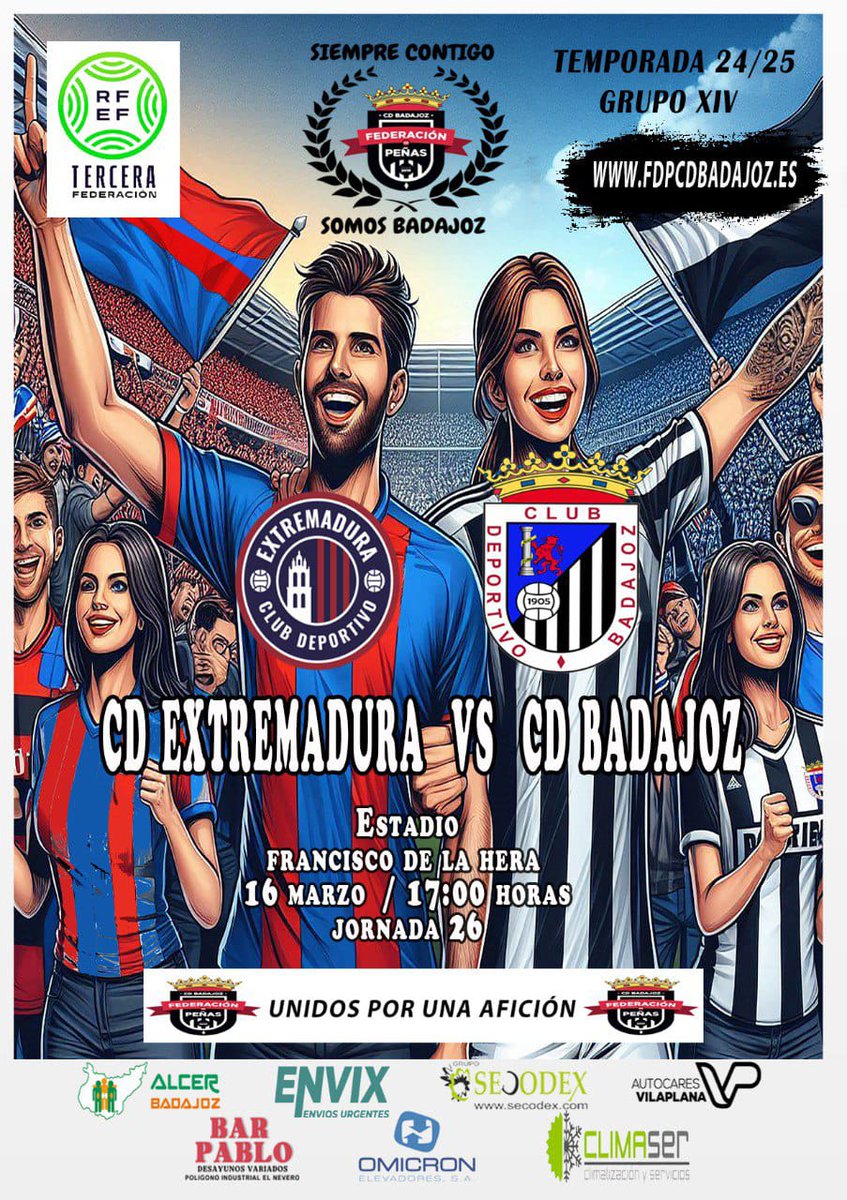 FEDERACIÓN DE PEÑAS DEL CD BADAJOZ (@fdp_cdb) on Twitter photo 🚨⚽ ᎻᎾᎽ ᎬᏕ ᎠłᎯ ᎠᎬ ᏰᎯᎠᎯ ⚽🚨
Día de disfrutar lo que rodea al fútbol
Jugamos fuera, pero es en casa
Almendralejo📍59kms 🚌🚌🚌🚌💨
Día de afición, de peñas, hermandad, amistad... y de volver con +3⃣
🕔 17:00 <a href="/CDExt1924/">CD EXTREMADURA</a> ⚔️ <a href="/CDBadajoz/">CD Badajoz</a>
#AupaCDB ⚪⚫ #SiempreContigo 🚨⚽ ᎻᎾᎽ ᎬᏕ ᎠłᎯ ᎠᎬ ᏰᎯᎠᎯ ⚽🚨
Día de disfrutar lo que rodea al fútbol
Jugamos fuera, pero es en casa
Almendralejo📍59kms 🚌🚌🚌🚌💨
Día de afición, de peñas, hermandad, amistad... y de volver con +3⃣
🕔 17:00 <a href="/CDExt1924/">CD EXTREMADURA</a> ⚔️ <a href="/CDBadajoz/">CD Badajoz</a>
#AupaCDB ⚪⚫ #SiempreContigo