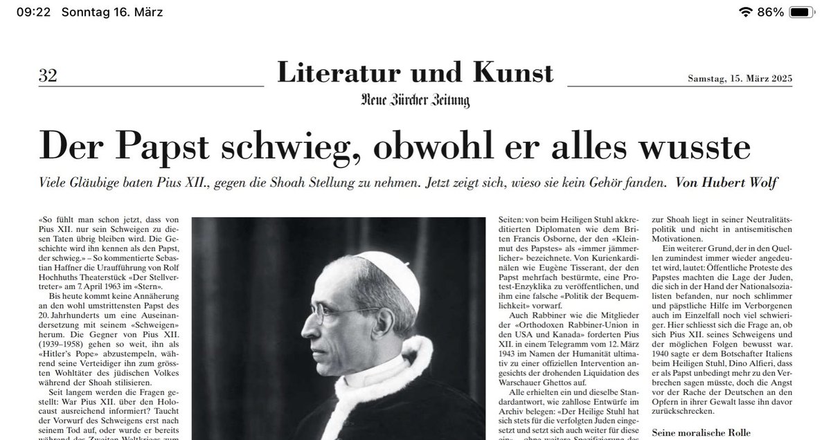 Pius XII wollte es mit niemandem verderben. Neutral bleiben um jeden Preis. Darum schwieg er. Auch beim #Holocaust. 
Dafür verurteilt ihn die Geschichte. 
Wollen wir das als Schweizer auch riskieren?