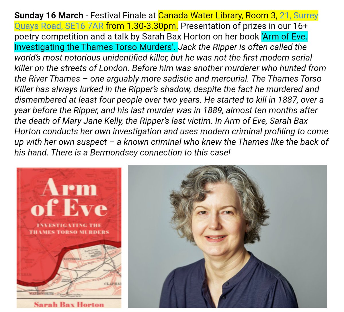 Rotherhithe Connections - People & Place (@irotherhithe) on Twitter photo Sunday 16 March Finale of the #Bermondsey & Beyond Literary Festival
#CanadaWater Library Room 3 #SE16 7AR
Presentation of prizes in the poetry competition
Talk by Sarah Bax Horton on her book "Arm of Eve"
<a href="/MikeHollandarts/">@MikeHollandarts</a> <a href="/victoriansleuth/">Dr Angela Buckley 🔎</a> <a href="/horton_bax/">Sarah Bax Horton</a> Sunday 16 March Finale of the #Bermondsey & Beyond Literary Festival
#CanadaWater Library Room 3 #SE16 7AR
Presentation of prizes in the poetry competition
Talk by Sarah Bax Horton on her book "Arm of Eve"
<a href="/MikeHollandarts/">@MikeHollandarts</a> <a href="/victoriansleuth/">Dr Angela Buckley 🔎</a> <a href="/horton_bax/">Sarah Bax Horton</a>