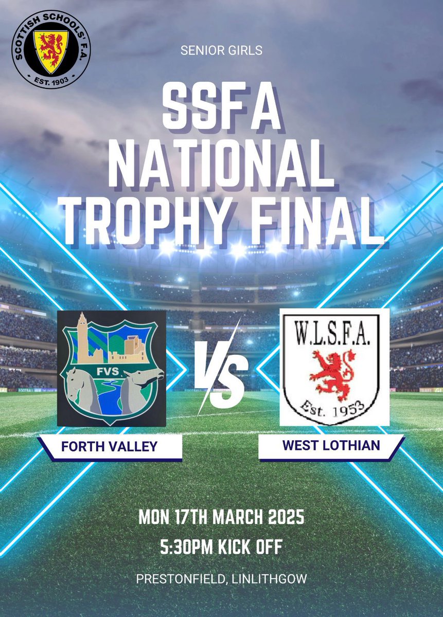 St Modan's PE (@stmodanspe) on Twitter photo We have two pupils representing the Forth Valley Team in the <a href="/sschoolsfa/">Scottish Schools' Football Association</a> National Final tomorrow at Linlithgow.
If you are free please come along to support the girls and the team ⚽️🏆<a href="/StModansHS/">St Modan’s High School</a> We have two pupils representing the Forth Valley Team in the <a href="/sschoolsfa/">Scottish Schools' Football Association</a> National Final tomorrow at Linlithgow.
If you are free please come along to support the girls and the team ⚽️🏆<a href="/StModansHS/">St Modan’s High School</a>