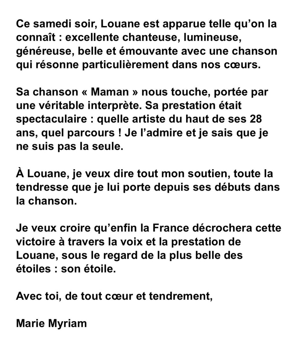 #Louane #Eurovision2025: 
un communiqué de #MarieMyriam, lauréate 1977: « je veux croire qu’enfin la France décrochera cette victoire! »