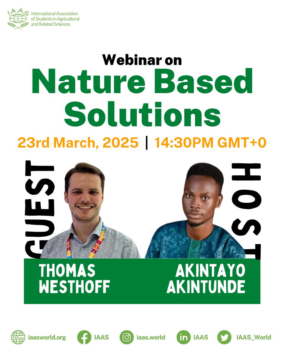 IAAS_World's tweet photo. [Webinar on Nature Based Solutions]

Webinar on Nature Based Solutions:
Date: Sunday, 23 March, 2025
Time: 14:30pm GMT +0
Google Meet Link: https://t.co/Xny8YM199p

#Delta
#IAASDeltaProject
#IAASWorld
#GoFurtherGoIAAS
#ThinkGloballyActLocally https://t.co/oaaudalT9K