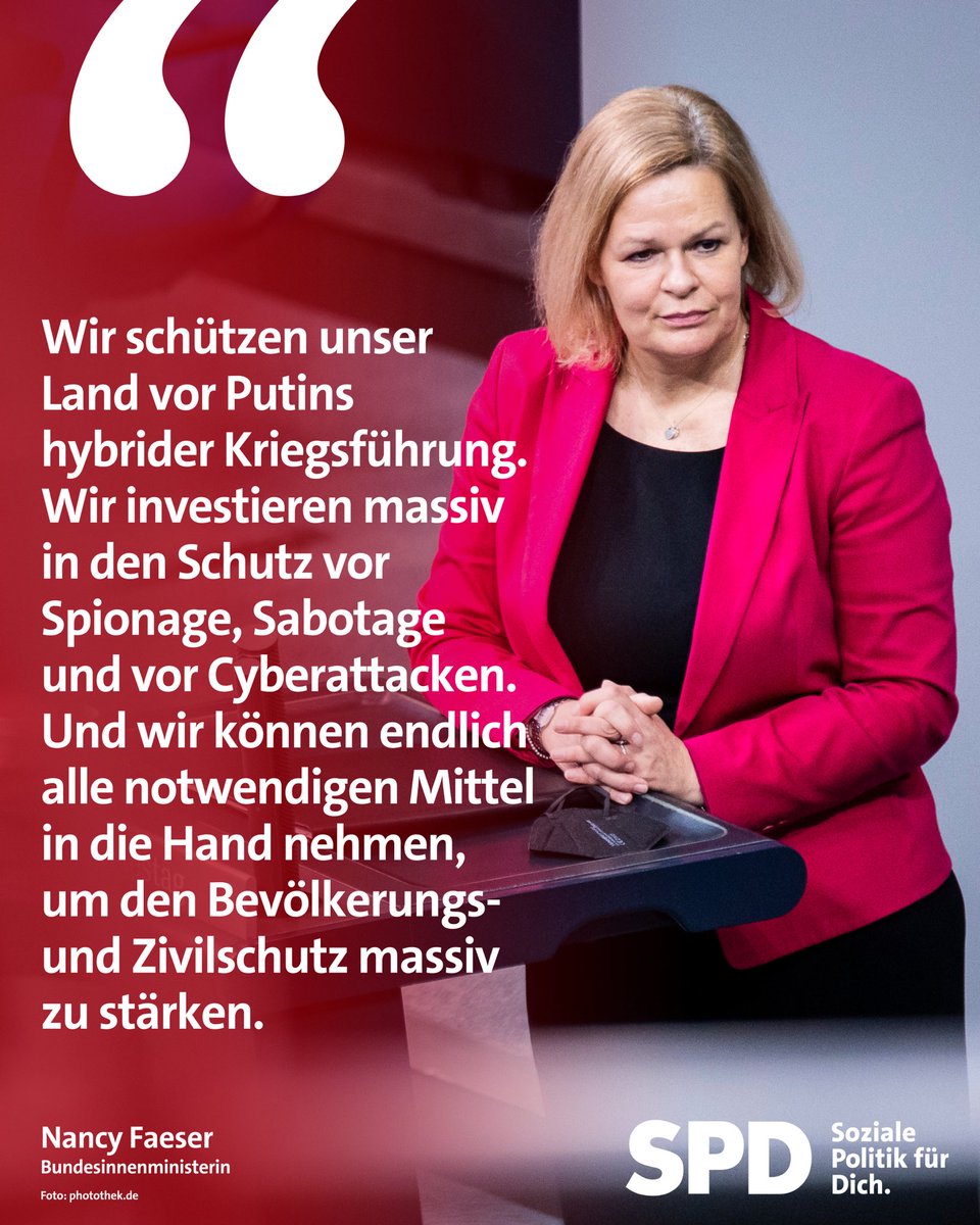Mehr Sicherheit für Deutschland - Klare Einigung bei Sondervermögen und Verteidigungsetat

Nancy Faeser macht deutlich: Mit der  Einigung zwischen SPD und Union ist klar - wir schützen unser Land konsequent vor Bedrohungen von außen und innen. Das neue Sicherheitspaket ermöglicht