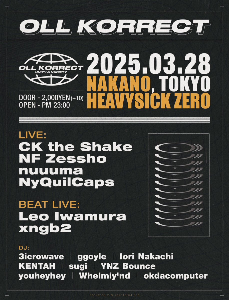 日本語ラップ専門アカウント (@rhymeboy) on Twitter photo 【#3月】
03.28.Fri
〓OLL KORRECT〓
<a href="/heavysickZERO/">中野heavysick ZERO</a>
OPEN 23:00
▪︎Live
CK the Shake
NF Zessho
nuuuma
NyQuilCaps
▪︎Beat Live
Leo Iwamura
xngb2
▪︎DJ
3icrowave
KENTAH
YNZ Bounce
youheyhey
Whelmiy’nd
okdacomputer
and more...
▷info
heavysick.co.jp/zero/%E3%82%A4…
#東京 【#3月】
03.28.Fri
〓OLL KORRECT〓
<a href="/heavysickZERO/">中野heavysick ZERO</a>
OPEN 23:00
▪︎Live
CK the Shake
NF Zessho
nuuuma
NyQuilCaps
▪︎Beat Live
Leo Iwamura
xngb2
▪︎DJ
3icrowave
KENTAH
YNZ Bounce
youheyhey
Whelmiy’nd
okdacomputer
and more...
▷info
heavysick.co.jp/zero/%E3%82%A4…
#東京