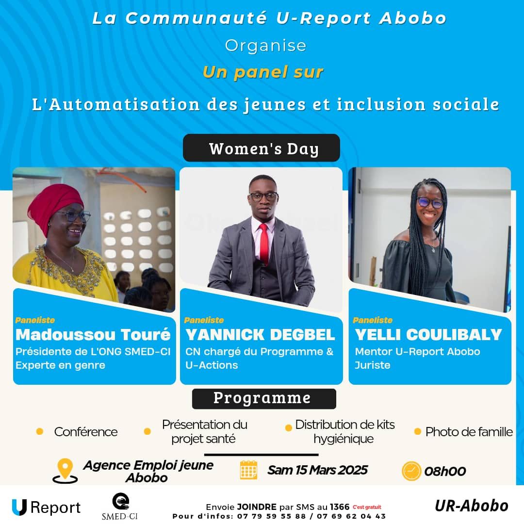 Le 15/03/25,nous avons participé à un panel organisée par les jeunes de Ureport d'Abobo
Thème : l'autonomisation des jeunes et inclusion sociale.
Un très bon moment d'échange