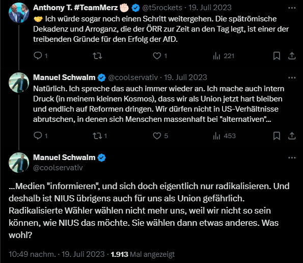 coolservativ's tweet photo. Warum man nicht als Christdemokrat zu NIUS geht, habe ich sofort bei deren Gründung vorhergesehen. Diese ungute Entwicklung, die diese unionshostile Meinungsbude NIUS nimmt. Warum das also noch aufwerten?👇 #AbstandHalten https://t.co/dYMFcAMHLc