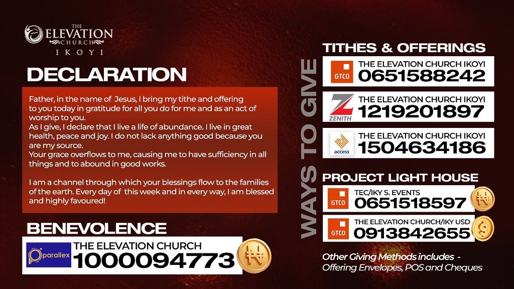 elevationikoyi's tweet image. Let's give our offering and tithes to God today cheerfully as God loves such. God bless you as you do.

#GetLifted                                   #PrevailingLove
#LoveOnAMission
#SundaysAtTEC
#GloriousLightGreatGrace
#ElevationIkoyi