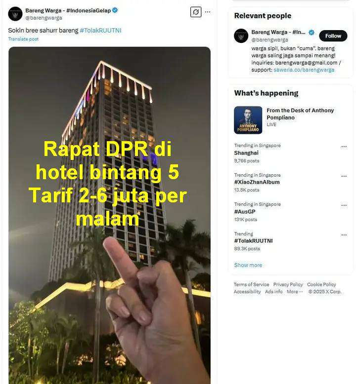 Anda tahu kamar siapa ini? kamar yang lagi ramai dibicarakan

Kalian lihat gambar ini. Gambar ini adalah kamar hotel Fairmont Jakarta. Hotel bintang lima yang digunakan oleh pejabat-pejabat untuk diam-diam ngebut rapat membahas revisi UU TNI.

Berapa luas kamar ini? 49 meter