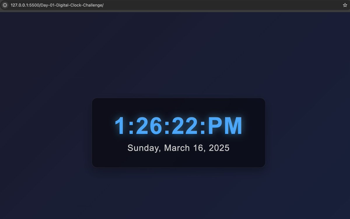 HarsshadPawar's tweet image. Just completed Day 1 of my #100DaysOfJavaScript challenge! 🚀
Built a fully functional digital clock from scratch using HTML, CSS, and JavaScript. Learned how to:

Key Takeaways: 
* Use the Date object to get real-time data
* Format time with padStart() for consistent display
*…