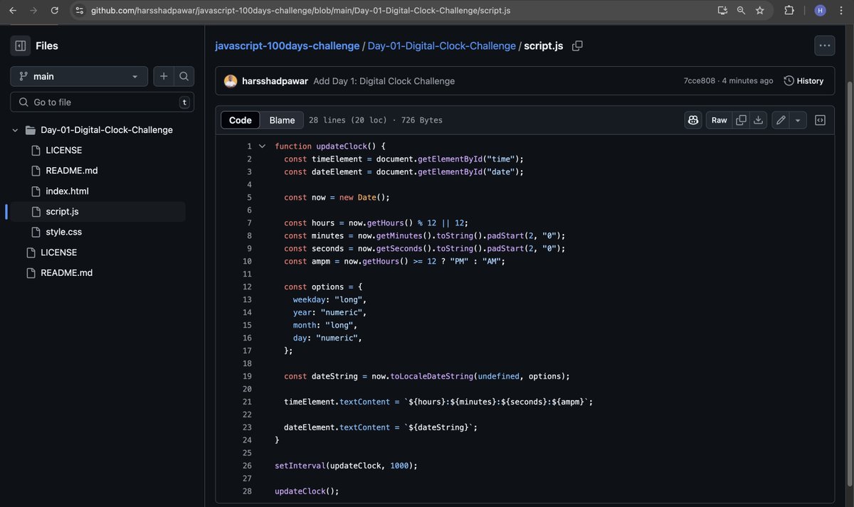 HarsshadPawar's tweet image. Just completed Day 1 of my #100DaysOfJavaScript challenge! 🚀
Built a fully functional digital clock from scratch using HTML, CSS, and JavaScript. Learned how to:

Key Takeaways: 
* Use the Date object to get real-time data
* Format time with padStart() for consistent display
*…