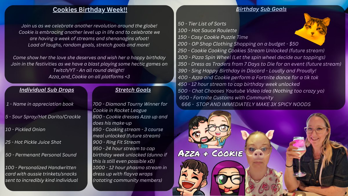 We have a very lovely <a href="/PurpleCookiex16/">PurpleCookiex</a> celebrating her birthday ... So I thought we would do a bit of an event for the week and show her how appreciated she is. If folks drop in, say hi, wish her those birthday wishes ... That'd be amazing <3 
Live on Twitch soon :)