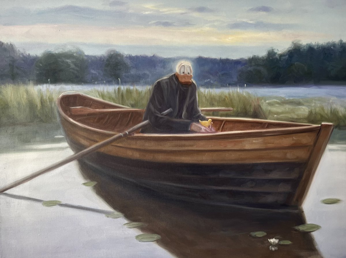 ” Long Goodbye ”, 2025, oil on canvas, 70 x 90 cm. #art #oilpainting #ukraina #ukraine #slavaukraini #stopputin #rubberduck #figurativeart #popart #contemporaryart #longgoodbye #ArtistOnTwitter #artistsonx #boat #water #kajstenvall