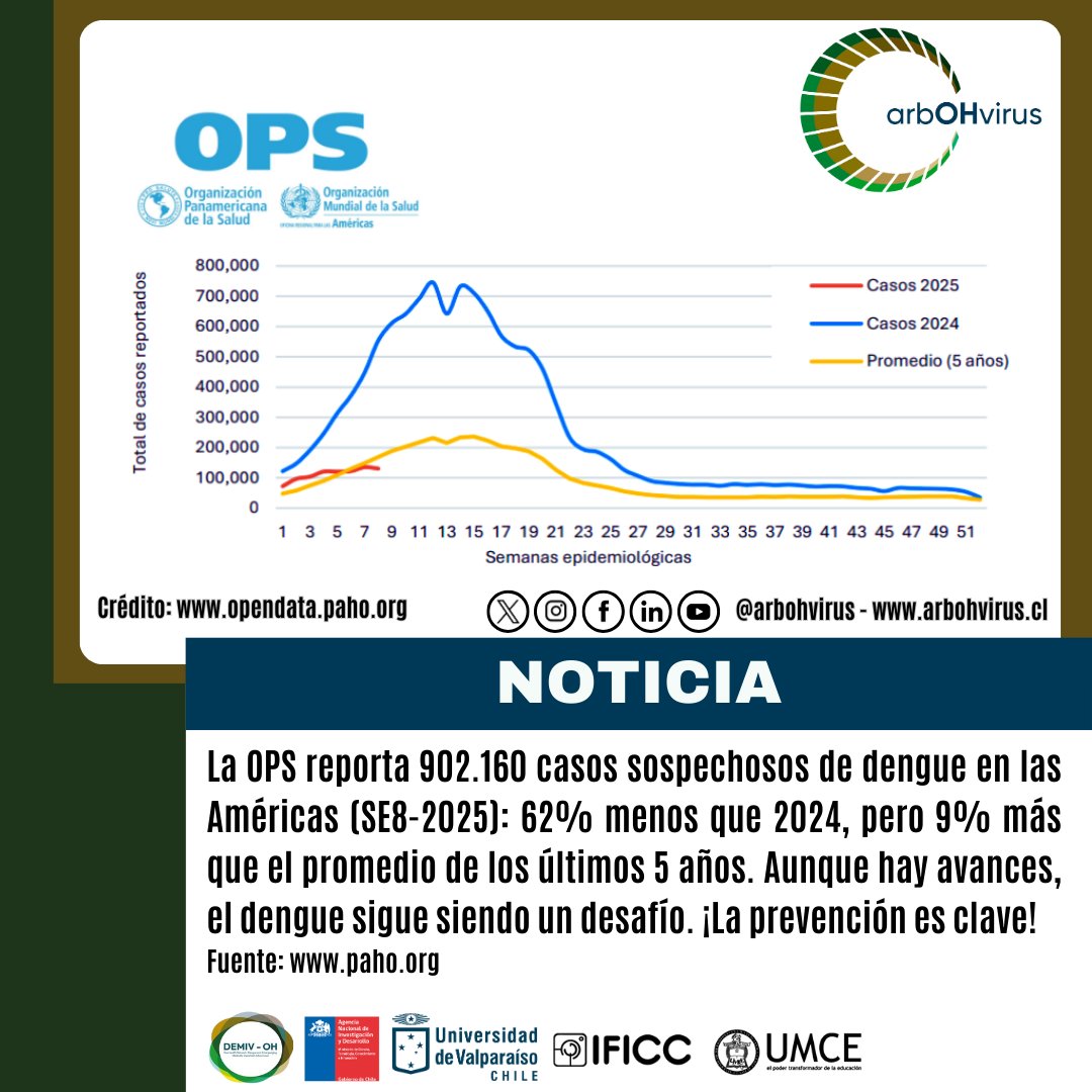 🦟#AlertaEpidemiológica:  El #Dengue en las Américas sigue siendo un desafío en SE8-2025. Iniciativas como #DEMIVOH y #arbOHvirus trabajan en su prevención bajo el enfoque #OneHealth. Conoce los detalles👉bit.ly/4bo5GNI