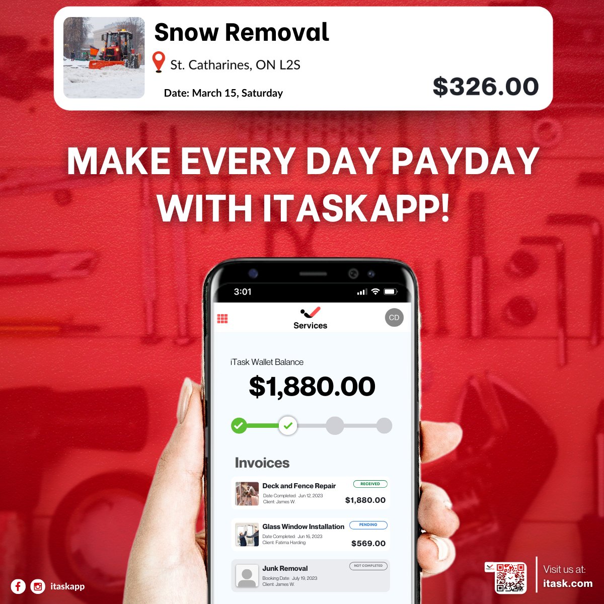 iTaskAppCanada's tweet image. Need extra cash? It’s just a task away! With iTask.com, you can find the right jobs and get paid quickly. Like this snow removal task – $326 right in your pocket. 💸 #EarnMore #FreelanceOpportunities #iTaskApp