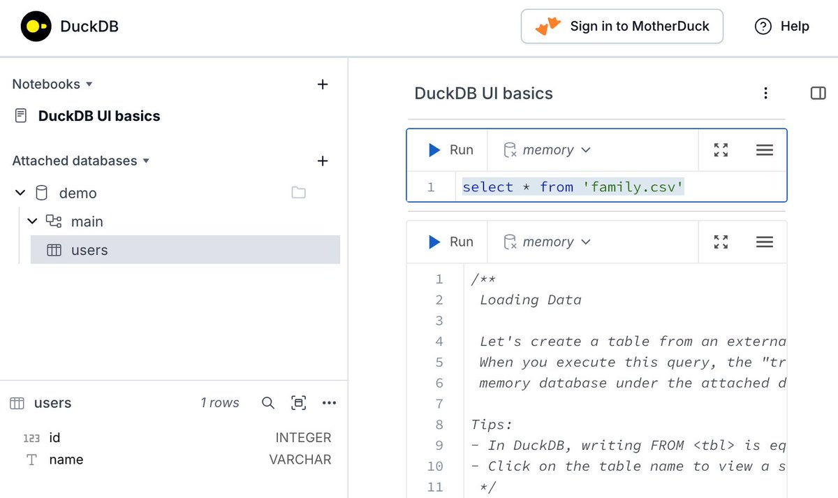 If you use Spring Boot with DuckDB 1.2, and don't forget to add `CALL start_ui_server()` after application started. You can enjoy the DuckDB UI Console at http://localhost:4213   It's very useful for DuckDB with memory mode.