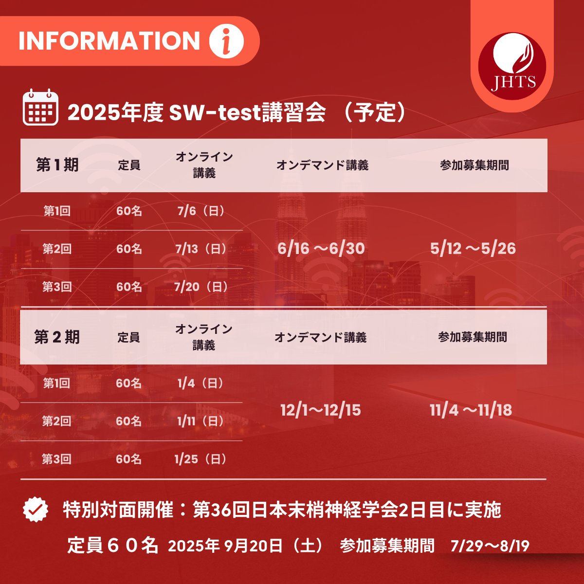 JHTS1988's tweet image. 📢【2025年度 SW-test講習会（予定）】📢

SW-test講習会は全6回（第1・2期：各3回）実施予定です！
✅ 申込は先着順ではなく、抽選制です。
✅ 第36回日本末梢神経学会で特別対面開催あり！

📅 詳細はこちら👉 x.gd/FA9SD

#SWtest #ハンドセラピィ