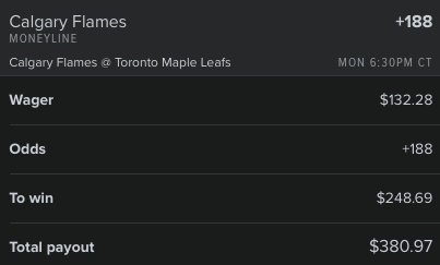 thedaybettor's tweet image. Quick $13 with @OddsJam . Winning either way!
Maple Leafs Moneyline - wager $235 on Thrillz - potential payout: $380.7
Flames - wager $132.28 on Fanduel - potential payout: $380.97
Total wager = $367.28
Total payout = $380.97 or $380.7
Profit = $13.69 or $13.42…