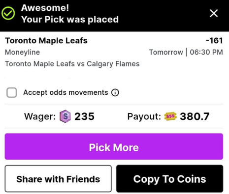 thedaybettor's tweet image. Quick $13 with @OddsJam . Winning either way!
Maple Leafs Moneyline - wager $235 on Thrillz - potential payout: $380.7
Flames - wager $132.28 on Fanduel - potential payout: $380.97
Total wager = $367.28
Total payout = $380.97 or $380.7
Profit = $13.69 or $13.42…