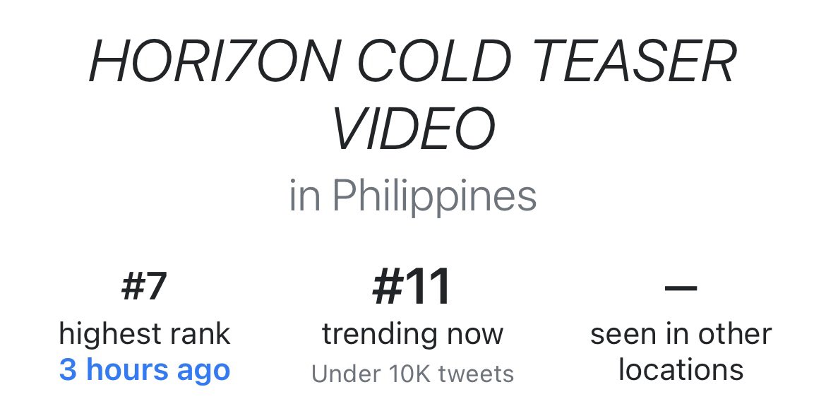 [🚨] TRENDING ALERT

We are trending no. 7 and 11 in the Philippines.

❌ Please DO NOT SPAM the tagline and hashtags by posting empty tweets.

HORI7ON COLD TEASER VIDEO

#HORI7ONxBENCHxCOLDTeaser
#HORI7ON #호라이즌 
<a href="/HORI7ONofficial/">HORI7ONofficial</a>
<a href="/benchtm/">BENCH/</a>