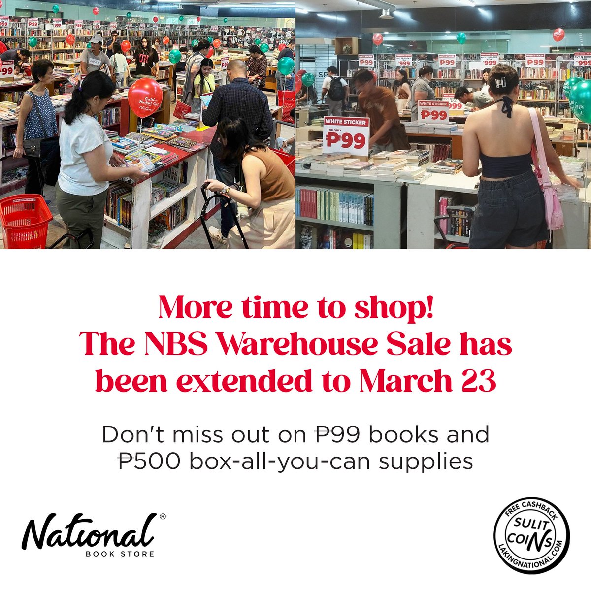 nbsalert's tweet photo. More time to shop: the #NBSWarehouseSale2025 is EXTENDED until March 23! πποΈ
Head to the 2nd floor of the NBS Commercial Complex in Quezon City from 10:00 AM to 9:00 PM daily.
#WarehouseSale #QuezonAvenue #Sale #NBSsale #NBSevents #SulitSaNBS #NationalBookStore https://t.co/F0mHMdxkdy