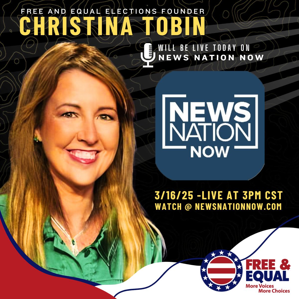Free & Equal Elections (@freeandequal) on Twitter photo 🚨 LIVE TODAY at 3pm CST: Catch <a href="/christinatobin/">Christina Tobin</a>, founder of Free and Equal, on <a href="/NewsNation/">NewsNation</a> with anchor <a href="/KeleighBeeson/">Keleigh Beeson</a>! Joining the conversation is former chair of the DC Democrats, <a href="/scottbolden/">Scott Bolden</a>.
Watch here: newsnationnow.com
#FreeAndEqual #ChristinaTobin #NewsNation 🚨 LIVE TODAY at 3pm CST: Catch <a href="/christinatobin/">Christina Tobin</a>, founder of Free and Equal, on <a href="/NewsNation/">NewsNation</a> with anchor <a href="/KeleighBeeson/">Keleigh Beeson</a>! Joining the conversation is former chair of the DC Democrats, <a href="/scottbolden/">Scott Bolden</a>.
Watch here: newsnationnow.com
#FreeAndEqual #ChristinaTobin #NewsNation