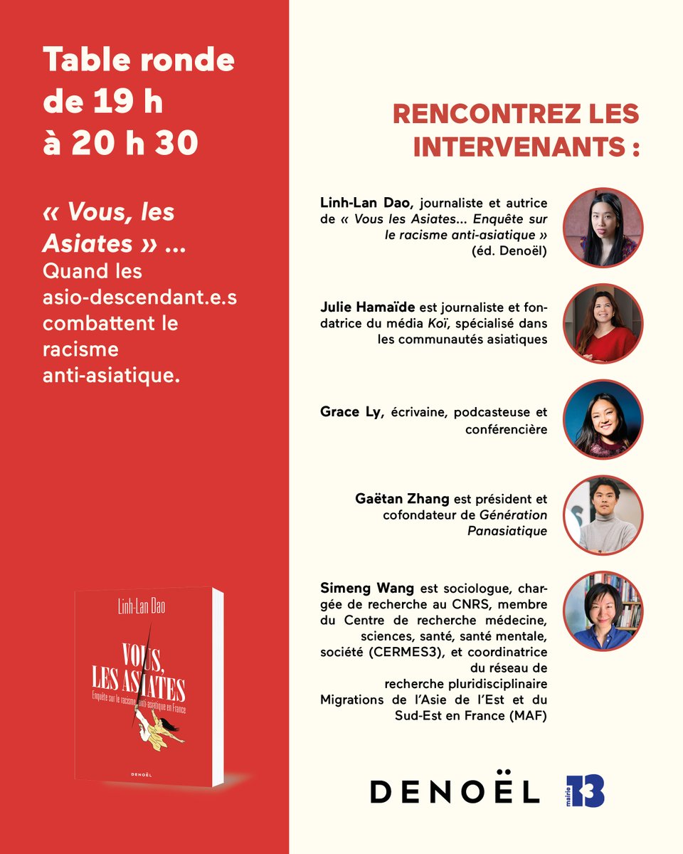 linhlandao.bsky.social 🇫🇷🇻🇳 (@linhlandao) on Twitter photo 🎉📖Je vous annonce la sortie de "Vous les Asiates..." en librairie le 19/03 aux <a href="/EDITIONSDENOEL/">Les éditions DENOËL</a> - une enquête sur le racisme visant les personnes asiatiquetées en France
Soirée de lancement 25/03 à 18h45 à la <a href="/mairiedu13/">Mairie du 13e</a> avec <a href="/koimagazinefr/">KOÏ</a> <a href="/gracefullyfried/">grace ly</a> <a href="/simeng0_0/">Simeng Wang</a> <a href="/ajcf_fr/">AJCF - Association des Jeunes Chinois de France</a> 🎉📖Je vous annonce la sortie de "Vous les Asiates..." en librairie le 19/03 aux <a href="/EDITIONSDENOEL/">Les éditions DENOËL</a> - une enquête sur le racisme visant les personnes asiatiquetées en France
Soirée de lancement 25/03 à 18h45 à la <a href="/mairiedu13/">Mairie du 13e</a> avec <a href="/koimagazinefr/">KOÏ</a> <a href="/gracefullyfried/">grace ly</a> <a href="/simeng0_0/">Simeng Wang</a> <a href="/ajcf_fr/">AJCF - Association des Jeunes Chinois de France</a>