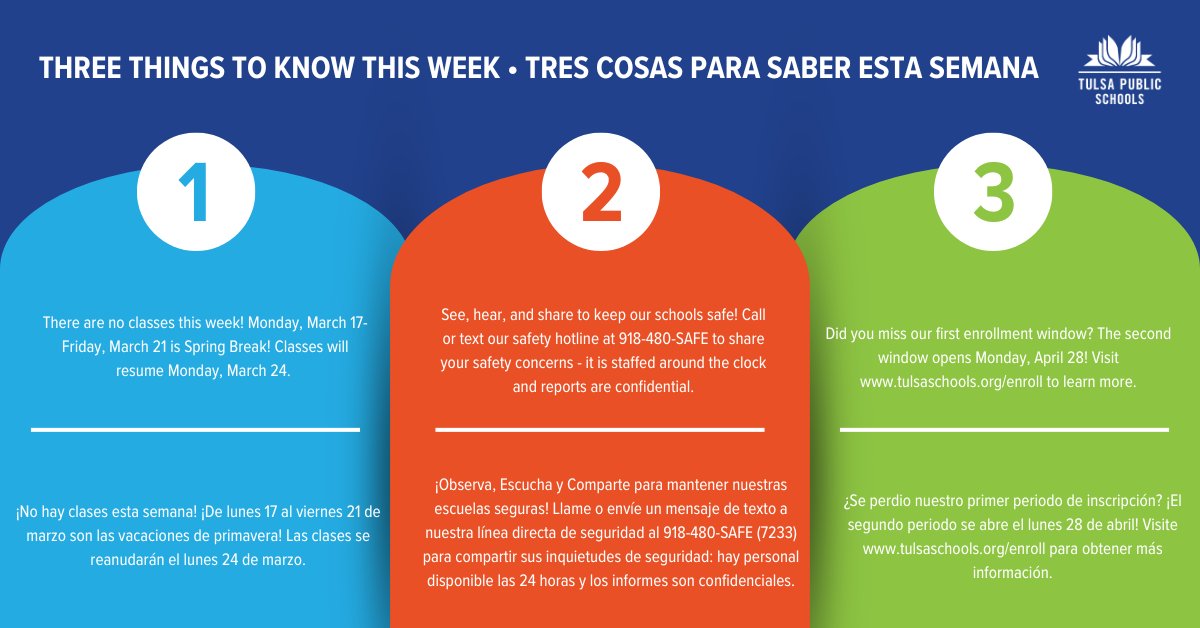 TulsaSchools's tweet photo. Here are your Three Things to Know this week! 
 ¡Aquí están las tres cosas que debe saber esta semana! https://t.co/jHxCHMKTj1