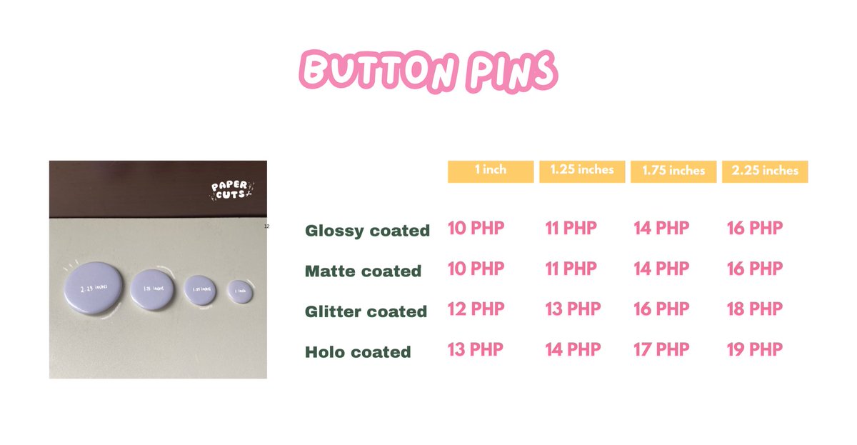 all sizes for button pins is now available additional 4 pesos for ...