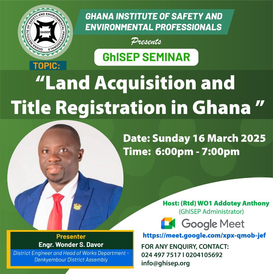 reacoint's tweet photo. 📢 Upcoming GhiSEP Seminar – 
Curious about Land Acquisition and Title Registration in Ghana? Join us for an informative session to gain expert insights!  
📅 Date: Sunday, 16th March 2025  
⏰ Time: 6:00 PM – 7:00 PM  
💻 Google Meet Link
https://t.co/Y61YAIWFW8 https://t.co/TCaS2dweMc