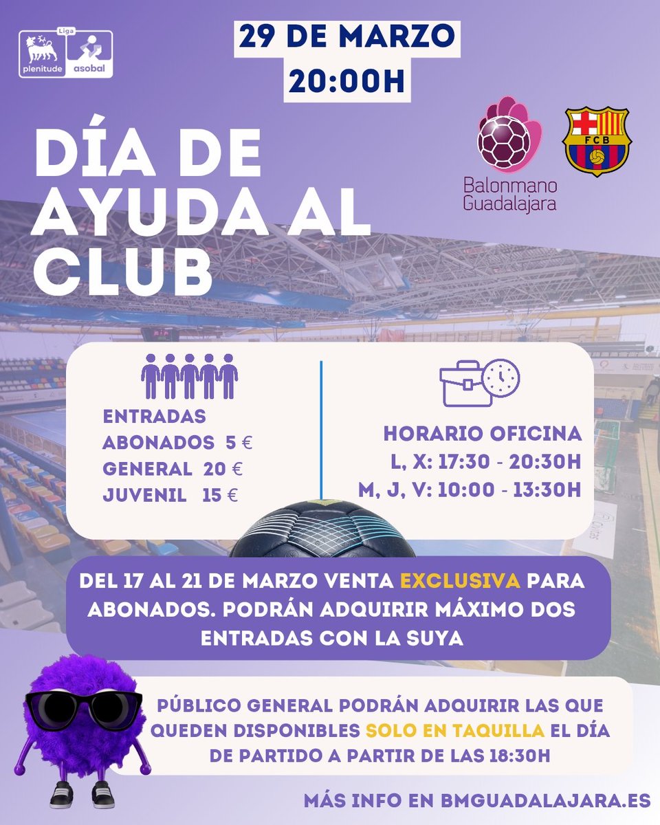 ℹ️ INFORMACIÓN IMPORTANTE 

Nuestros abonados pueden conseguir, desde mañana y durante toda la semana, su entrada para el partido frente al Barça, en la oficina del club en el David Santamaría.

TODA la info detallada en nuestra web 👇🏻👇🏻

bmguadalajara.es/noticia/el-d%C…