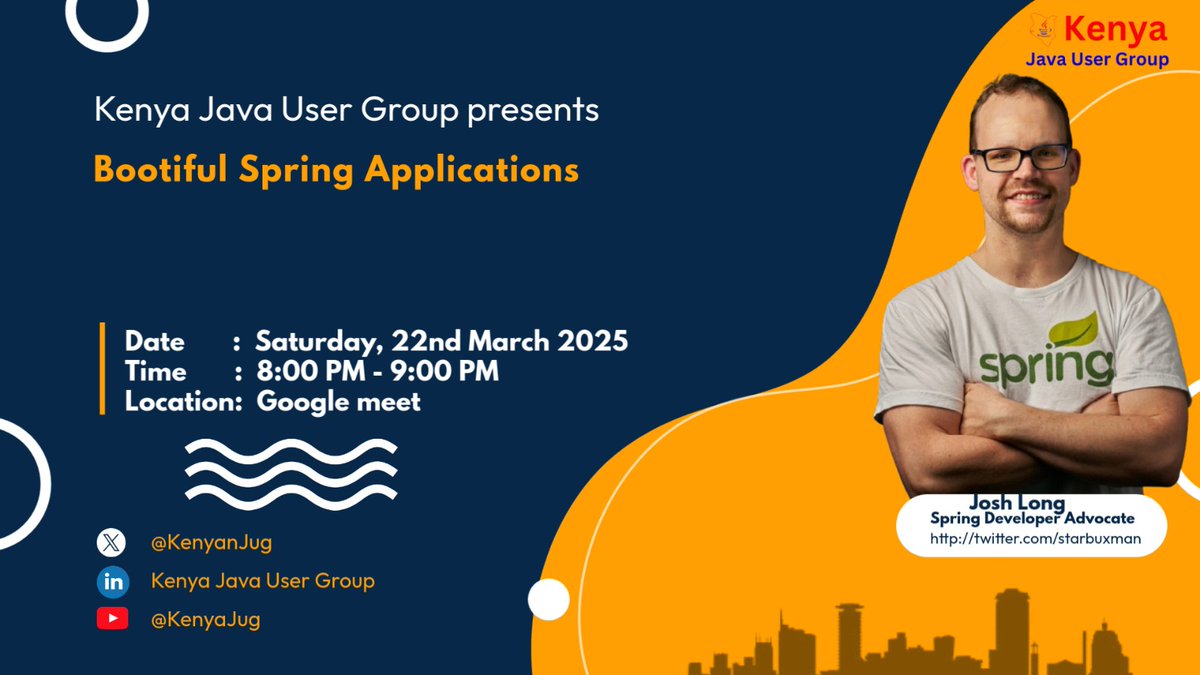 kenyanJug's tweet photo. 📢 THIS IS HUGE 📢

Y'all, we’ve bagged the GOAT of Spring, Josh Long (@starbuxman), for an exclusive session on Bootiful Spring Applications! 🌱🔥

🗓️ 22nd March 2025
⏰ 8:00 PM - 10:00 PM EAT
📍 Register Now: https://t.co/7IJS7Grkoe

Devs, you can't miss this one. 🚀
#KenyanJUG https://t.co/1rhfd5amVe