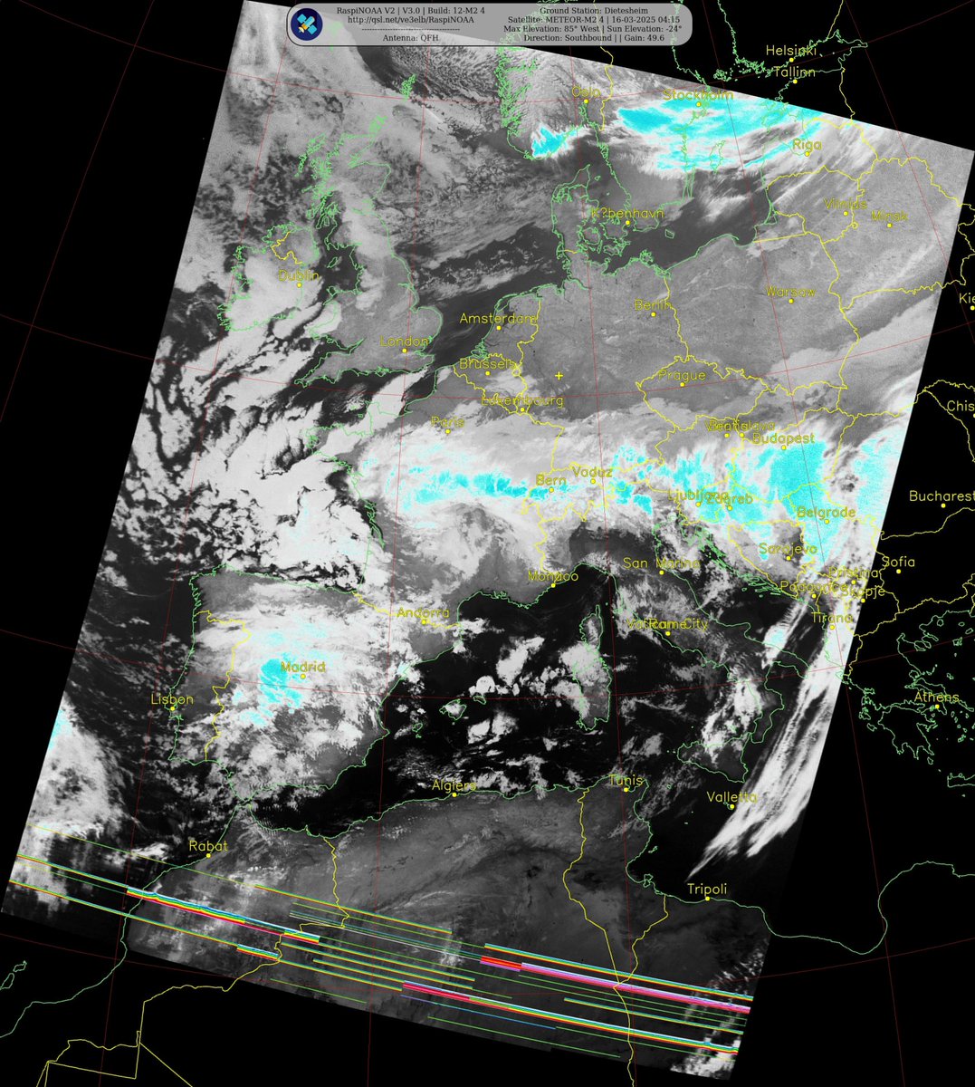 Ground Station: Dietesheim
Satellite: METEOR-M2 4 | 16-03-2025 04:15
Max Elevation: 85° West | Sun Elevation: -24°
Direction: Southbound | | Gain: 49.6