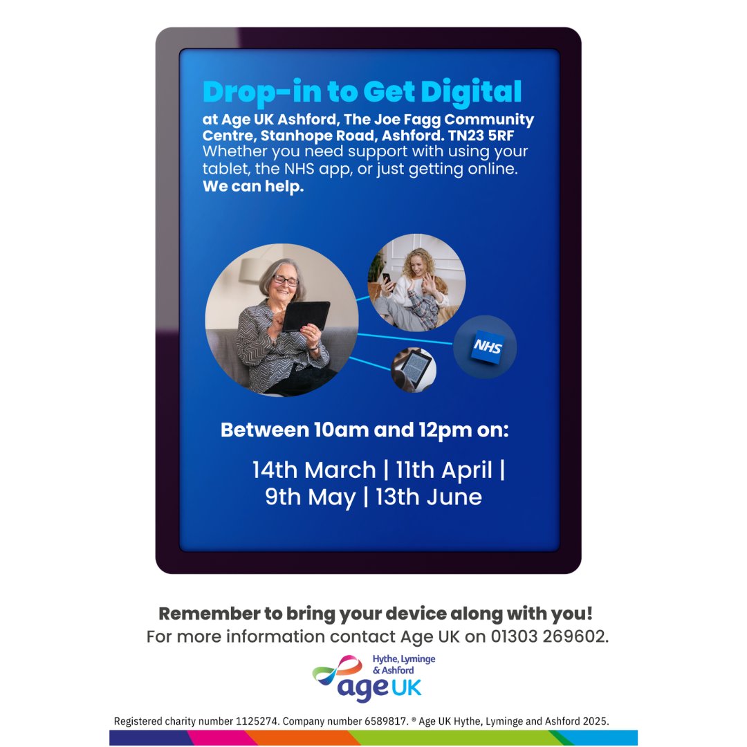 AgeUKHL's tweet image. 📱✨ Drop-in to Get Digital with Age UK! ✨📱

For more information, give us a call at 01303 269602. Let’s get you connected! 🌟

#GetDigital #AgeUKAshford #DigitalSupport #StayConnected #Community