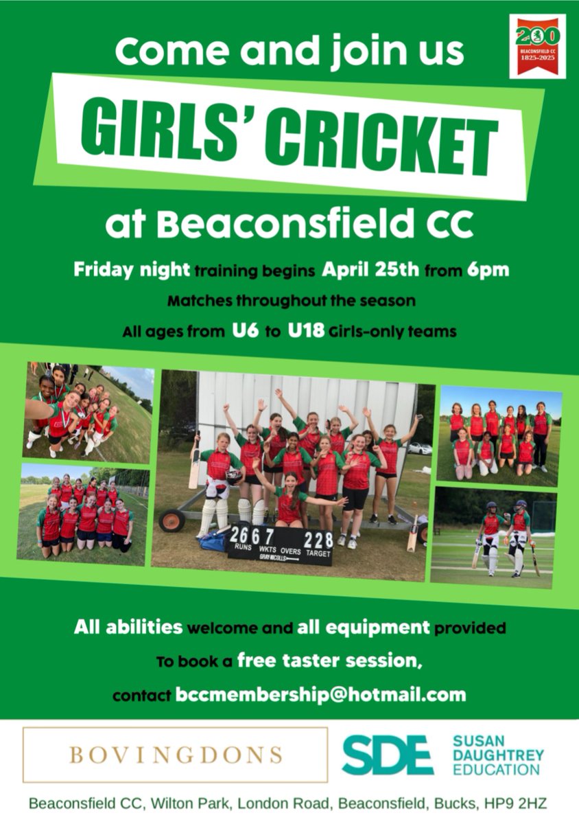 Girls cricket is starting up again outdoors next month at Beaconsfield CC. All abilities welcome - from starter to expert! Please share - thanks! <a href="/BeaconsfieldSch/">Beaconsfield School</a> <a href="/HighMarchSchool/">High March School</a> <a href="/GayhurstSchool/">Gayhurst School</a> <a href="/BHSsportdance/">BHS Sport</a> <a href="/CGSSport/">CGS Sport and PE team</a> <a href="/WycombeSport/">Sport at Wycombe Abbey</a> <a href="/StMarysSchoolGX/">St Mary's School</a> <a href="/DCHS_Sport/">PE | Challoner's High</a> <a href="/MaltmansGreen/">Maltman's Green</a>
