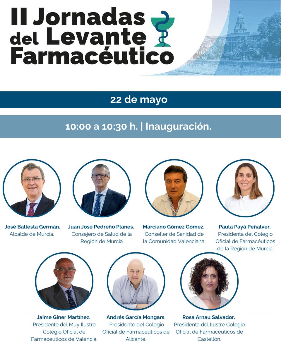 🚀 Las II Jornadas del Levante Farmacéutico comienzan el 22 de mayo con una inauguración de primer nivel. Dos días de innovación, formación y debate en Murcia. ¡No te lo pierdas! <a href="/Ballesta_Murcia/">José Ballesta</a> <a href="/Murciasalud/">Murciasalud</a> <a href="/GVAsanitat/">GVA Sanitat</a> <a href="/JAIMEGINERMARTI/">JAIME GINER MARTINEZ</a> <a href="/rosa78arnau/">Rosa Arnau</a>👉 jornadaslevantefarmaceutico.com