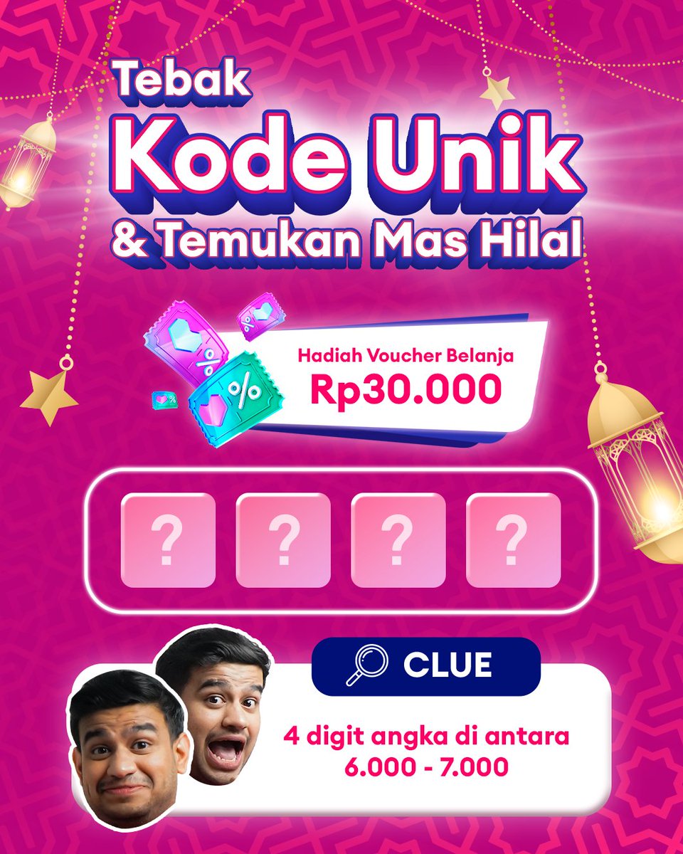 Modal #CariMasHilal langsung dapet Voucher Belanja 30 Ribu di #LazadaRamadanBerkah! Cuma di tanggal 16 - 18 dimana kamu harus nebak cluenya langsung search "Mas Hilal Lazada" di internet dan tulis kode unik tebakan kamu buat ambil hadiahnya ✨