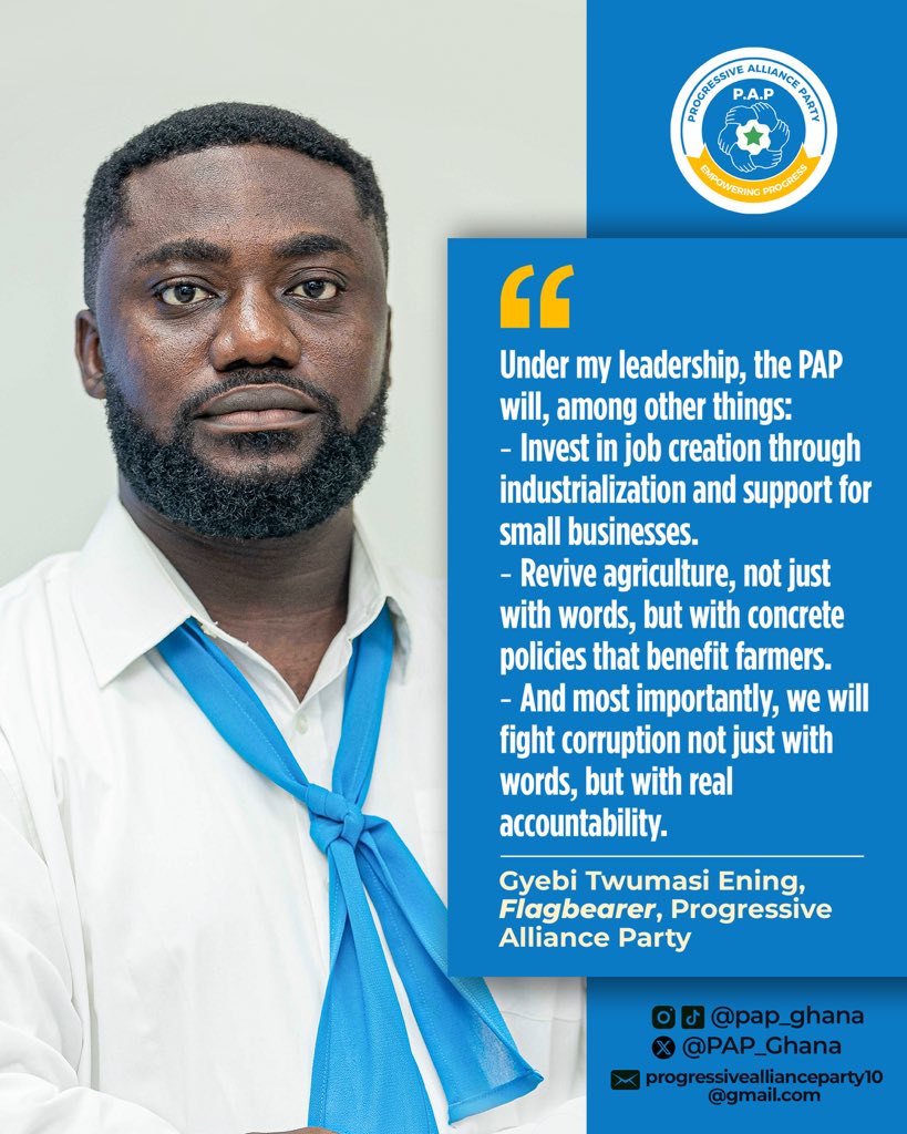 Flagbearer of the Progressive Alliance Party, Gyebi Twumasi Ening, on why Ghana must embrace a progressive change offered by PAP
#EmpoweringProgress
#HopeIsHere
#GhanaPolitics