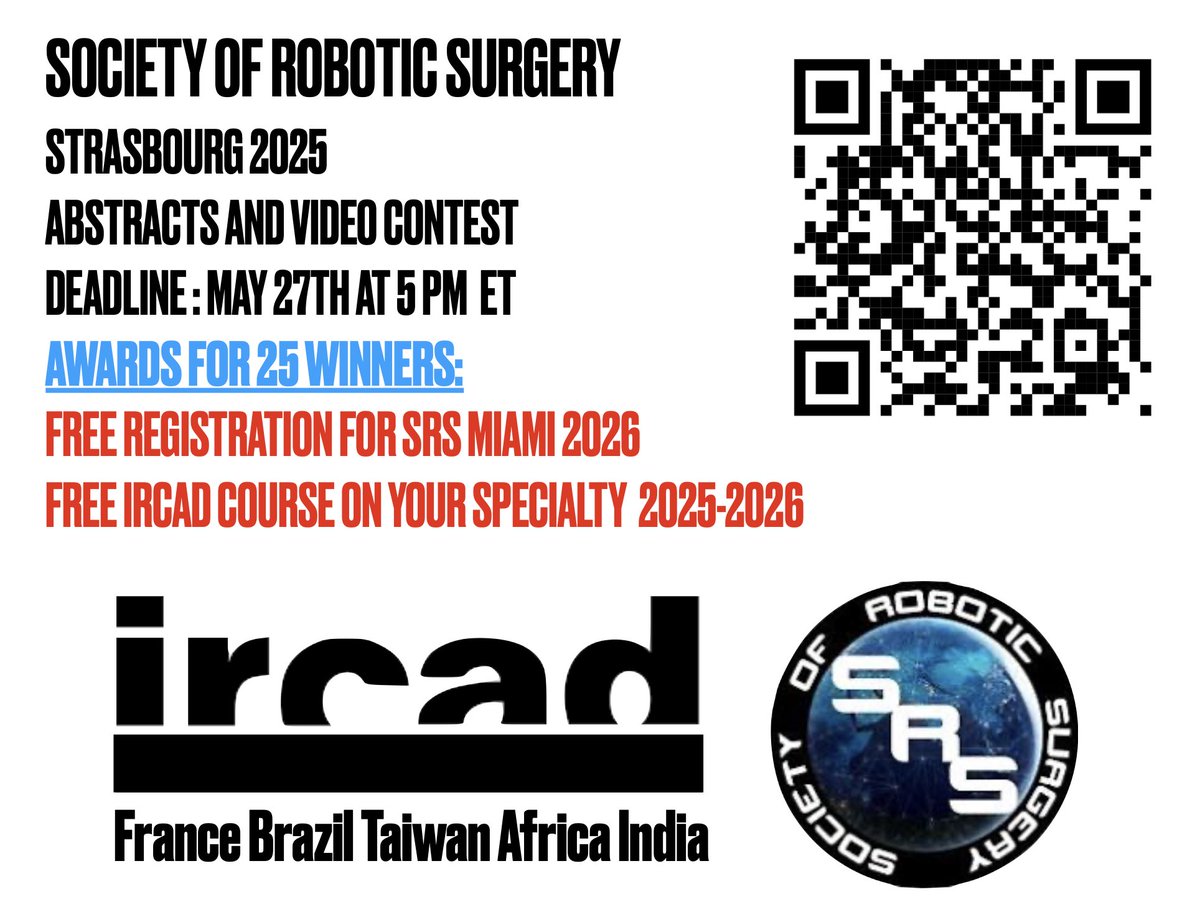 Submit abstracts &amp; videos to the Society of Robotic Surgery Contest! Showcase your work, compete with top talent, and win great prizes. 
Don’t miss out—join now! Strasbourg July 16th-20th 2025
srobotics.org/annual-meeting…

#RoboticSurgery #SRSContest #Innovation