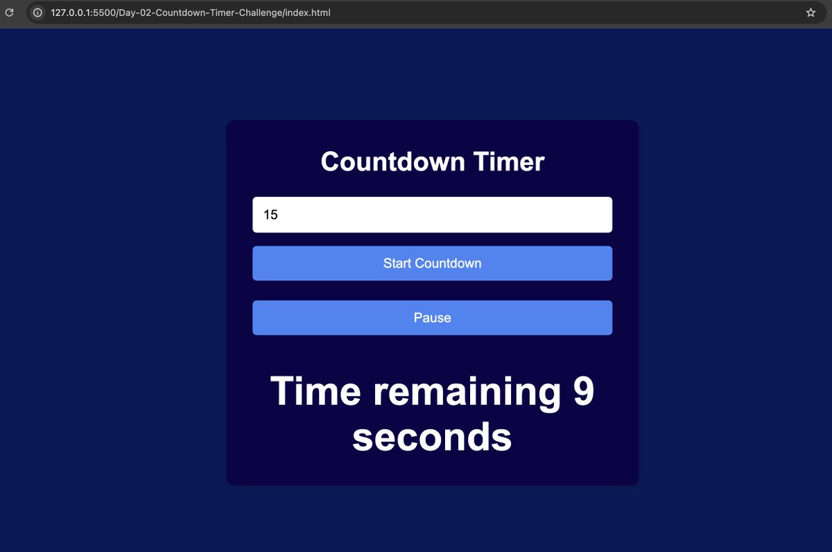 HarsshadPawar's tweet image. Just completed Day 2 of my #100DaysOfJavaScript challenge! 🚀
Built an interactive countdown timer with pause &amp;amp; resume functionality.
Key Takeaways:

* Managing intervals with setInterval() and clearInterval()
* Toggling button states for better UX

Love seeing my JS skills grow…