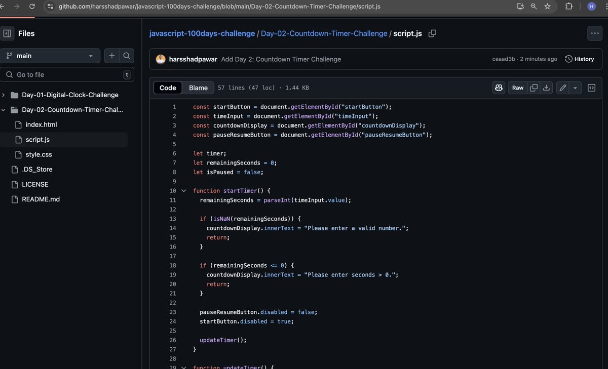 HarsshadPawar's tweet image. Just completed Day 2 of my #100DaysOfJavaScript challenge! 🚀
Built an interactive countdown timer with pause &amp;amp; resume functionality.
Key Takeaways:

* Managing intervals with setInterval() and clearInterval()
* Toggling button states for better UX

Love seeing my JS skills grow…
