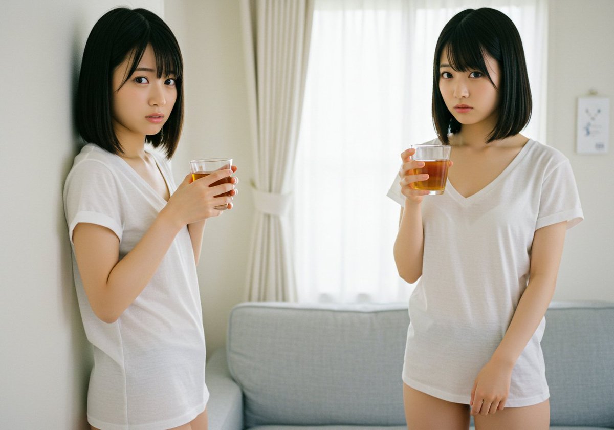 高校時代に憧れてた同級生と偶然再会、付き合い始めて数か月が経ち、関係もこなれてきたので、昨晩は彼女を２人にしてみた。

「あ、おはよう…お茶、もらってるね」
「昨日は２人相手で大丈夫だった？」
「私も自分同士は楽しかったけど」
「ところで、私どうやって一人に戻るの？」
#AIart #ImageFX