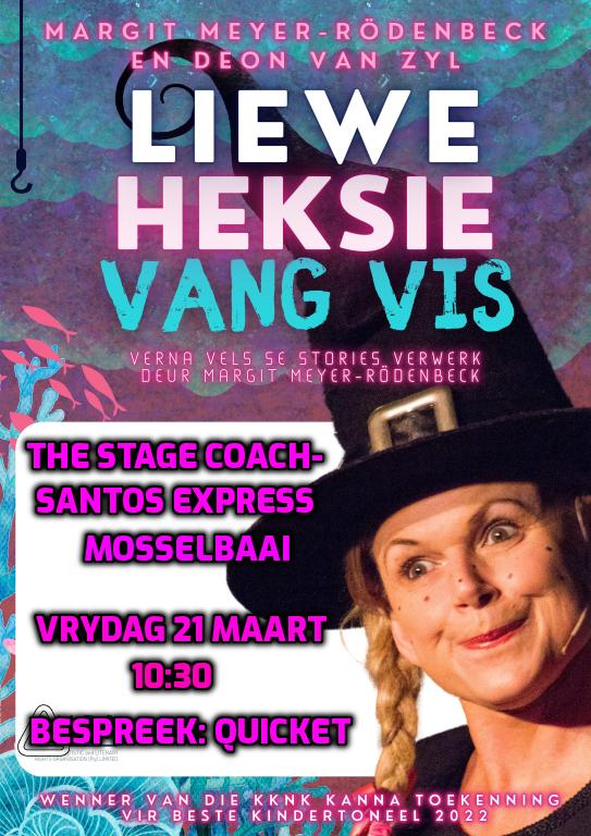 "Liewe Heksie vang vis" is op pad na Mosselbaai se Stage Coach teater by die Santos Express Railway Lodge  op die vakansiedag 21 Maart 10:30. Bespreek: quicket.co.za/events/295957-…
Met KKNK Kanna wenners vir beste kinderteater Margit Meyer-Rödenbeck en Deon Van Zyl
<a href="/SantosExpress/">Santos Express Train</a>