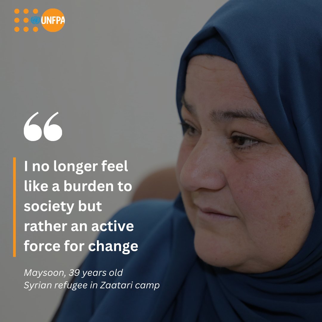 UNFPAJordan's tweet photo. Maysoon fled war &amp; abuse, but through @UNFPA's Women &amp; Girls Safe Space, she found her strength. Now, she educates women in #Zaatari Camp, turning pain into power. 💜 

We are grateful  to @eu_echo @EUinJordan 

#EndViolence #WomenEmpowerment 

🔗 https://t.co/bWvzNtDfke https://t.co/T9JGHlaEuN