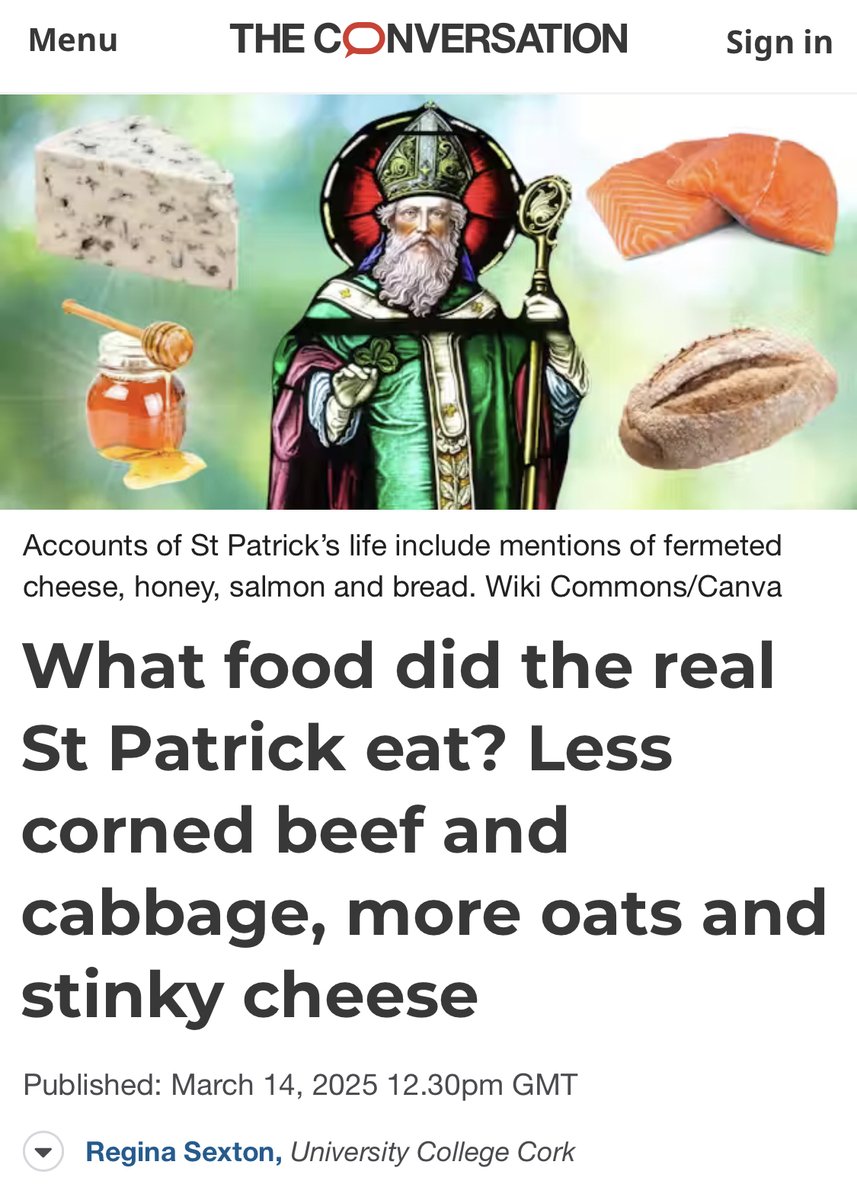 Very happy to have contributed this piece to The Conversation. It takes a speculative look at what the saint may have eaten based on evidence from early + later medieval sources. And no it's not corned beef + cabbage although as it's food, it's complicated
lnkd.in/epxS6PJN