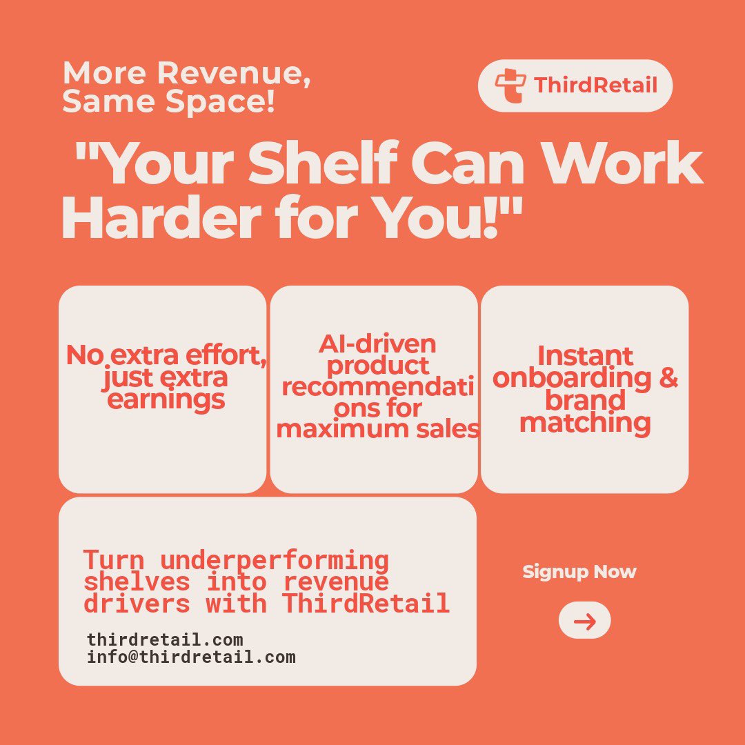 thirdretail's tweet photo. "Your Shelf Can Work Harder for You!"
📢 *Your shop is making money… but could it make more?*
💡 *Turn underperforming shelves into revenue drivers with ThirdRetail.*
🚀 *Get matched with trending brands that pay to be in your store!* #thirdretail #marketplace #startupnews https://t.co/u4MSV5Iv1o