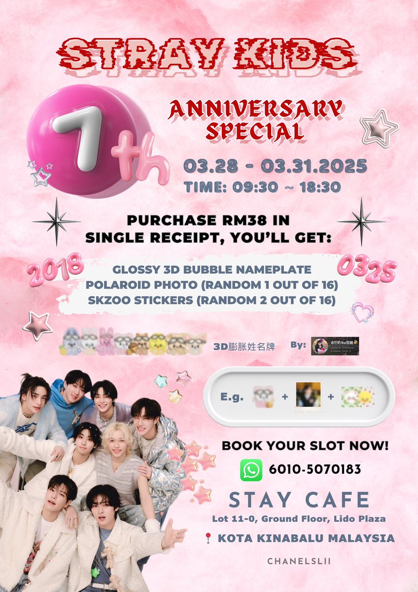 chanelslii's tweet photo. 🇲🇾 Stray Kids 7th Anniversary Special ♥️

📍STAY CAFE, LIDO PLAZA
Kota Kinabalu Malaysia
Date: 2025.3.28-3.31
Time: 9:30AM-6:30PM

MICRO POP-UP SHOP ✅

WHATSAPP TO BOOK YOUR SLOT!
010-507 0183

#straykids #skz #skzmy #stay #staybki #staycafe #skz7thanniversary #lidoplaza #kpopmy https://t.co/0nnKPSGcNs