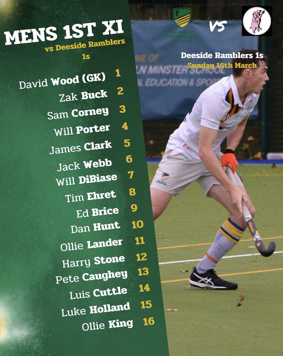 🔥Matchday 16🔥

Here is your M1s teamsheet for their away game against Deeside Ramblers 1s today at 1:00pm 💚💛